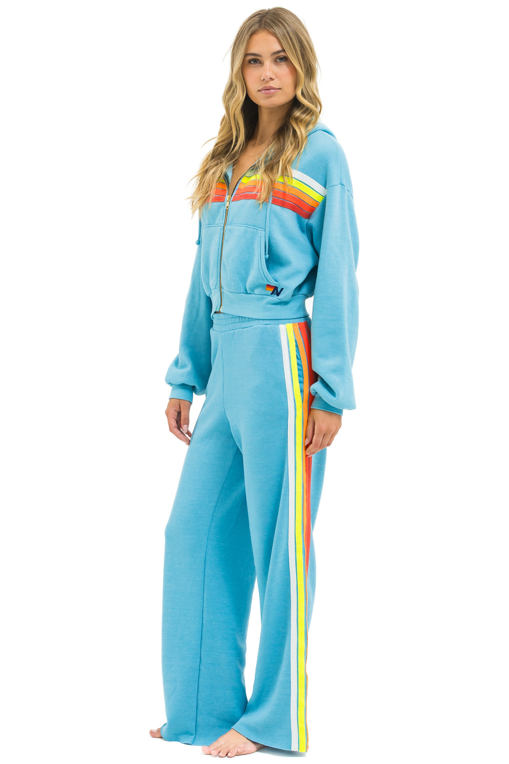 5 STRIPE CROPPED ZIP HOODIE RELAXED - AQUA // WHITE NEON