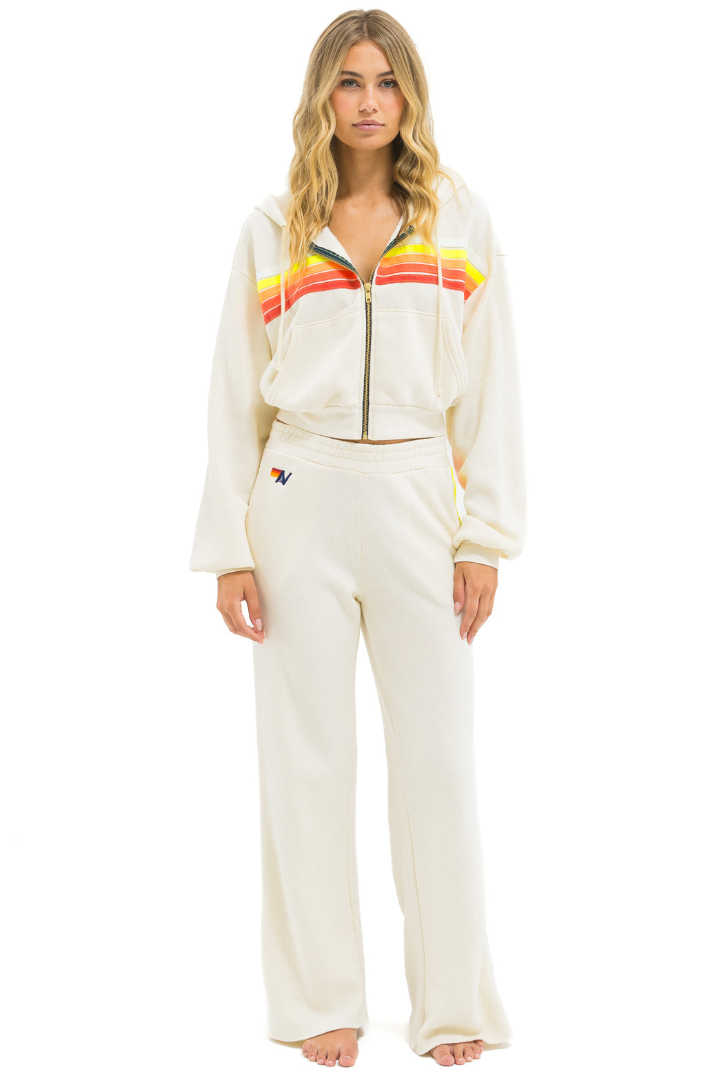 5 STRIPE CROPPED ZIP HOODIE RELAXED - VINTAGE WHITE // WHITE NEON