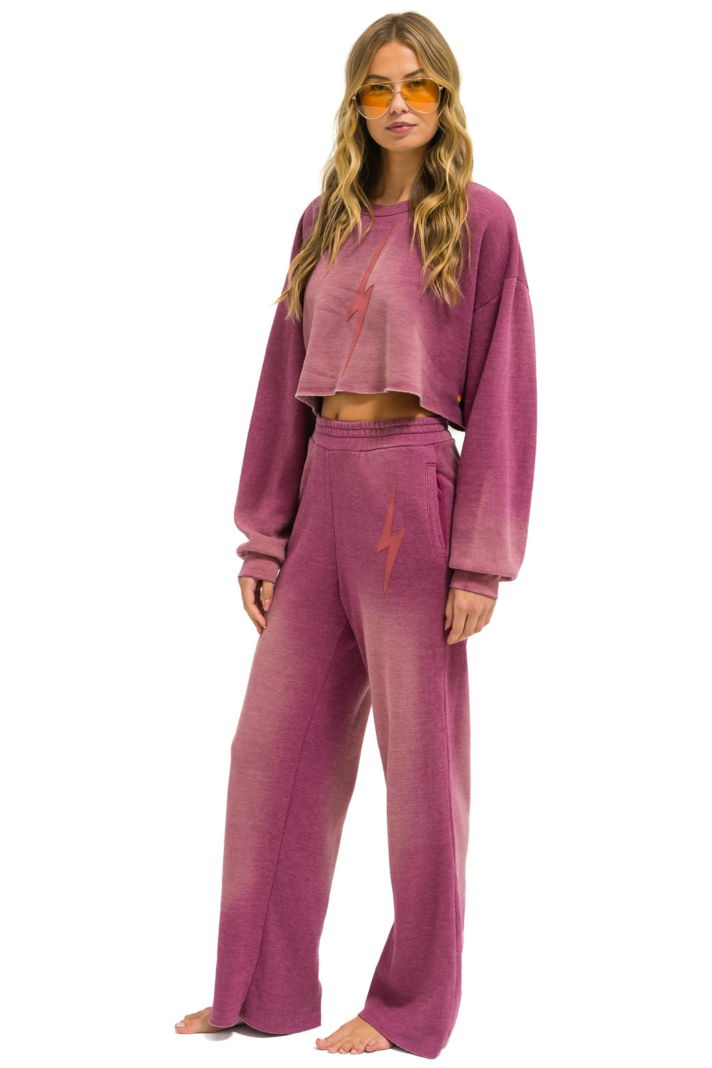 BOLT STITCH WIDE LEG POCKET SWEATPANTS - FADED BERRY