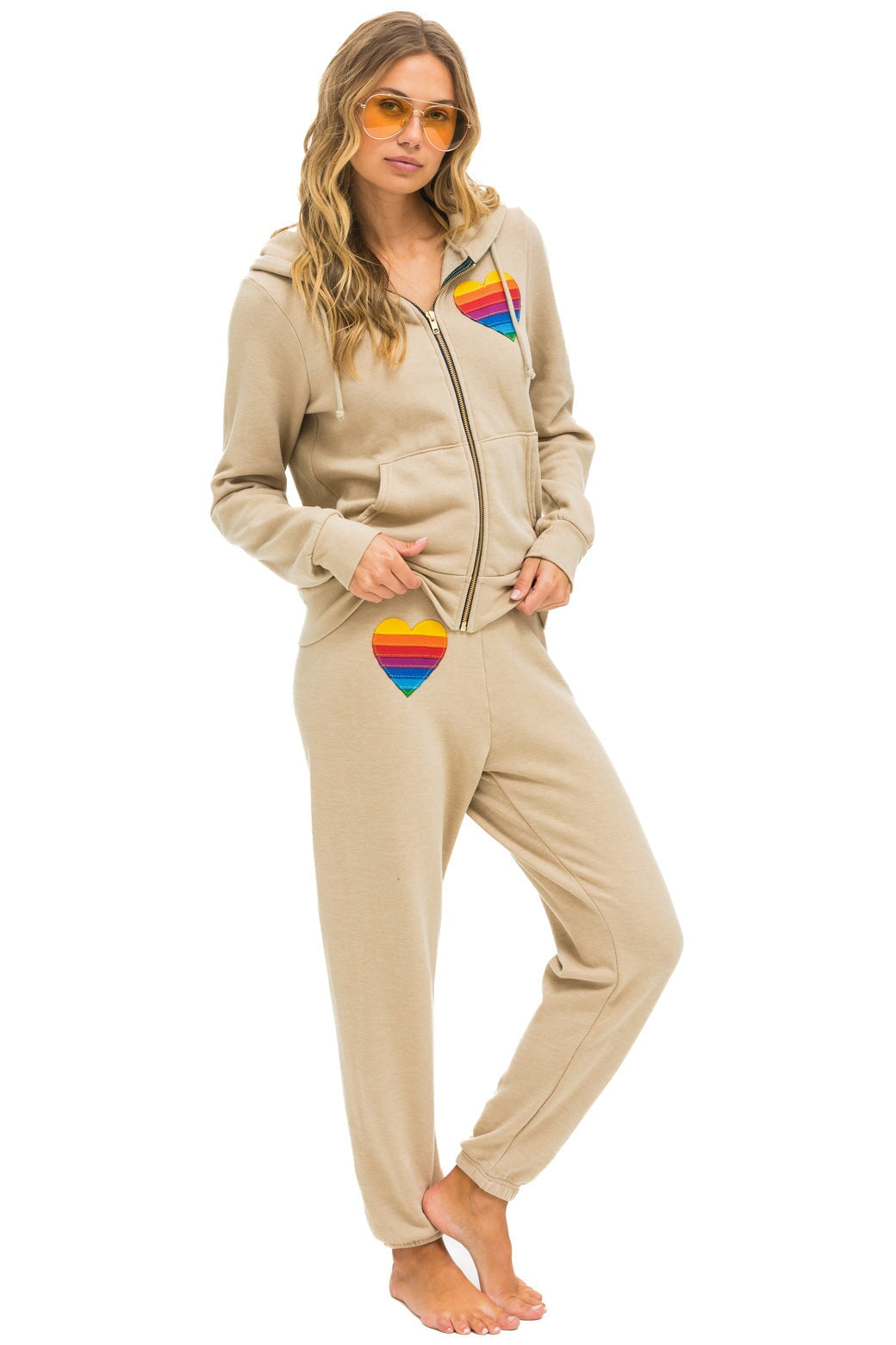 RAINBOW HEART STITCH ZIP HOODIE - SAND