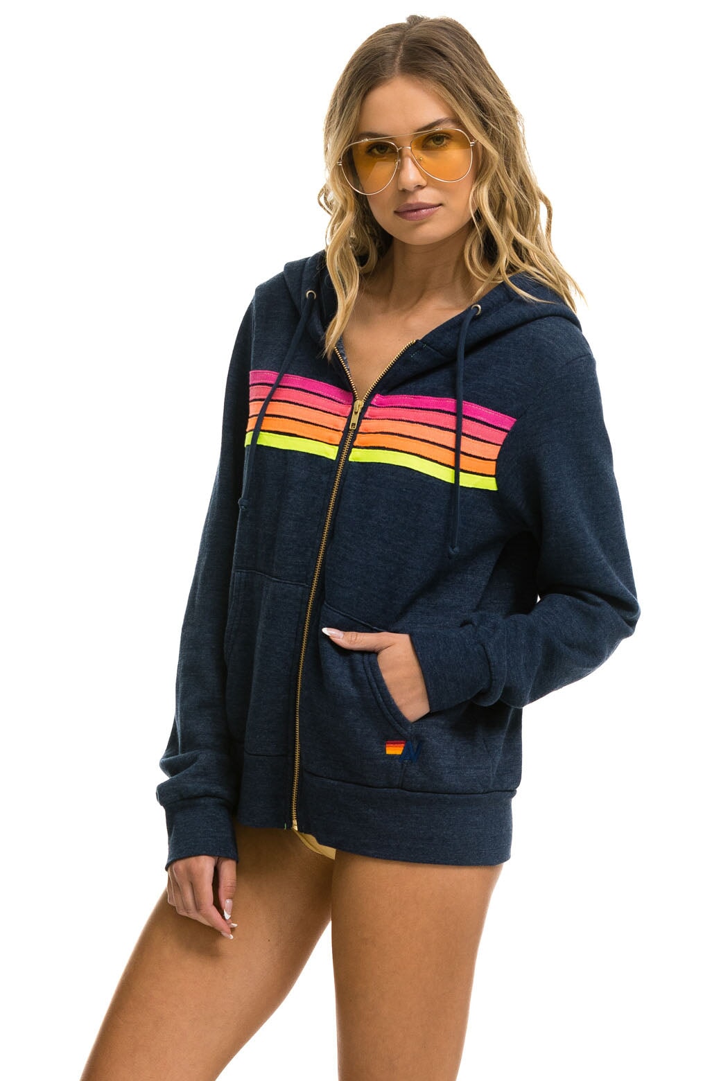 5 STRIPE HOODIE - HEATHER NAVY // NEON STRIPES