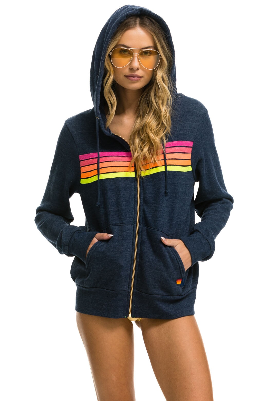 5 STRIPE HOODIE - HEATHER NAVY // NEON STRIPES