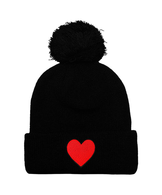 HEART POM POM RIB BEANIE - BLACK