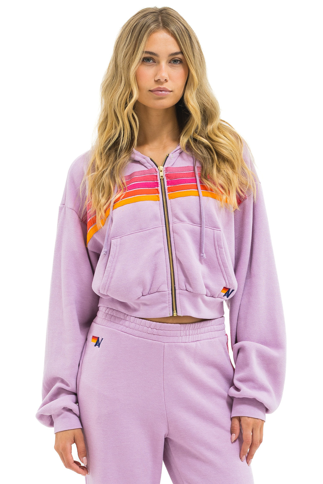 5 STRIPE CROPPED ZIP HOODIE RELAXED - MAUVE // MAGENTA // ORANGE