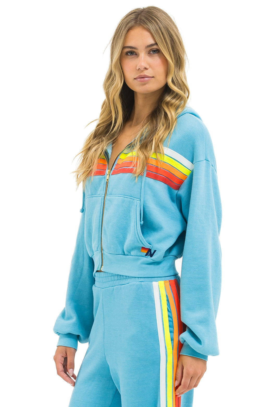 5 STRIPE CROPPED ZIP HOODIE RELAXED - AQUA // WHITE NEON