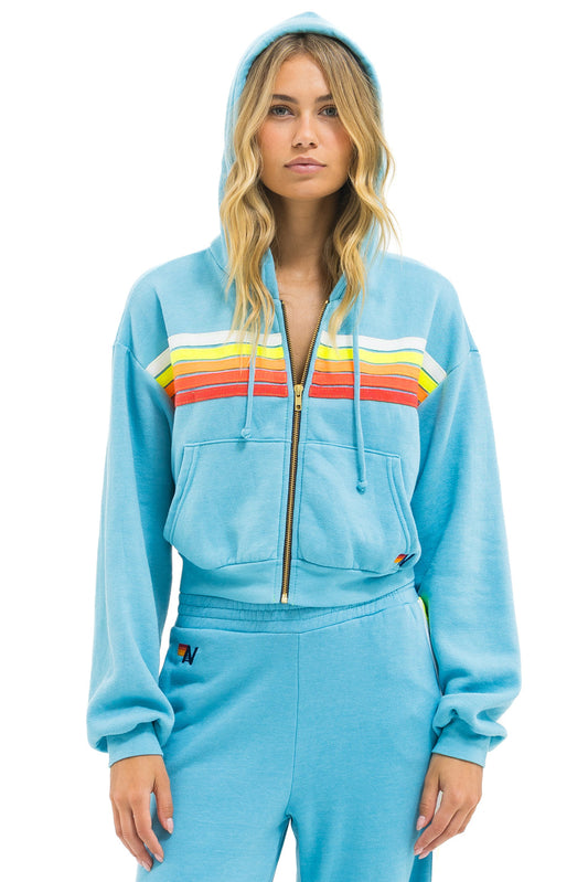 5 STRIPE CROPPED ZIP HOODIE RELAXED - AQUA // WHITE NEON