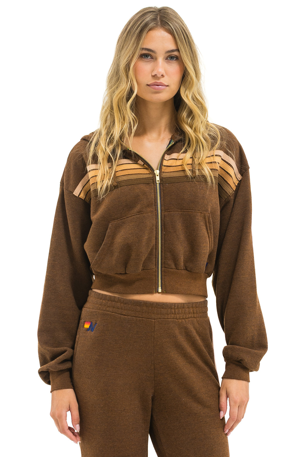 5 STRIPE CROPPED ZIP HOODIE RELAXED - CHOCOLATE // ESPRESSO