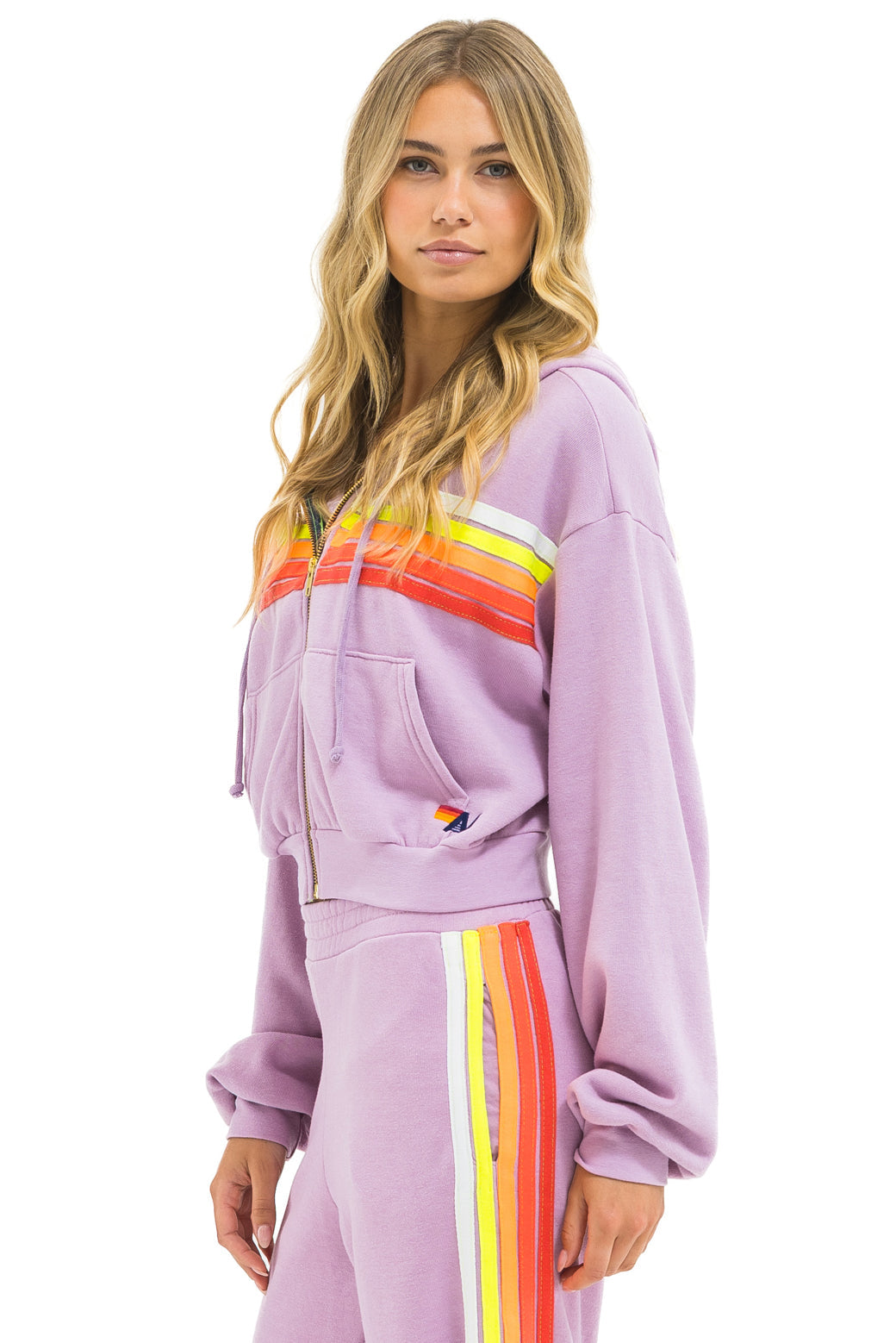 5 STRIPE CROPPED ZIP HOODIE RELAXED - MAUVE // WHITE NEON