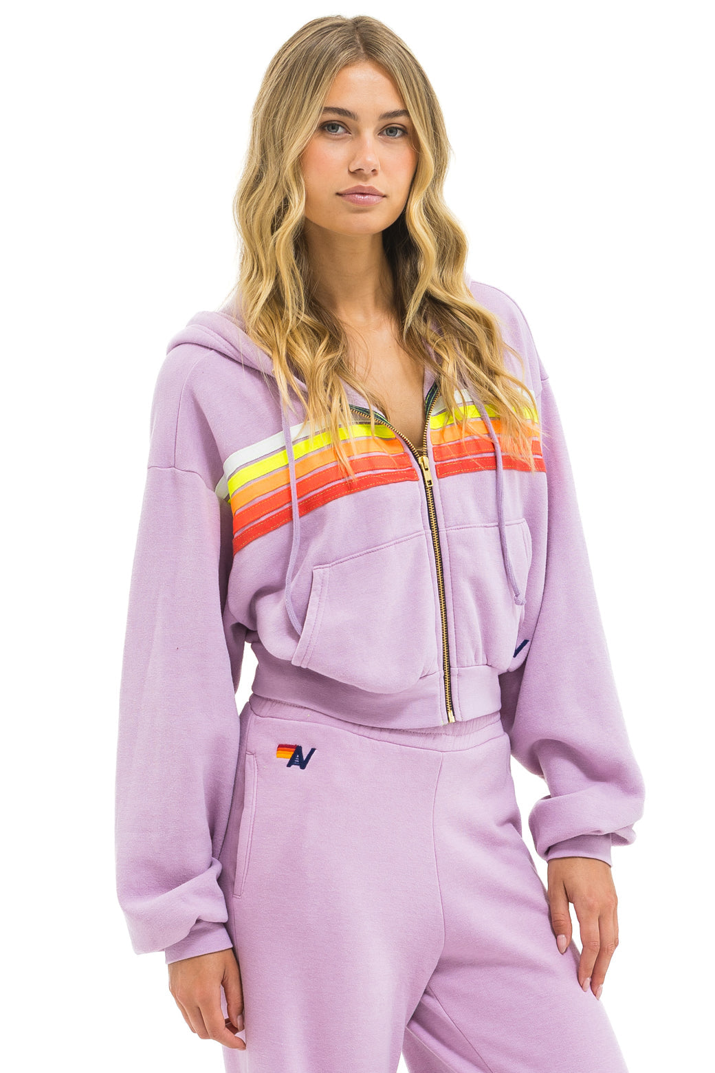 5 STRIPE CROPPED ZIP HOODIE RELAXED - MAUVE // WHITE NEON