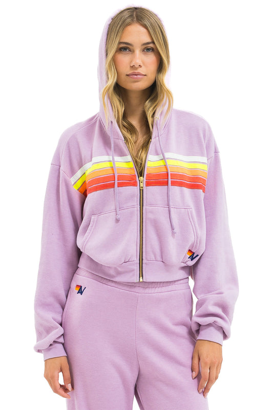 5 STRIPE CROPPED ZIP HOODIE RELAXED - MAUVE // WHITE NEON