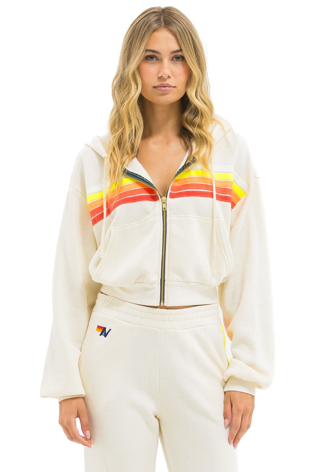 5 STRIPE CROPPED ZIP HOODIE RELAXED - VINTAGE WHITE // WHITE NEON