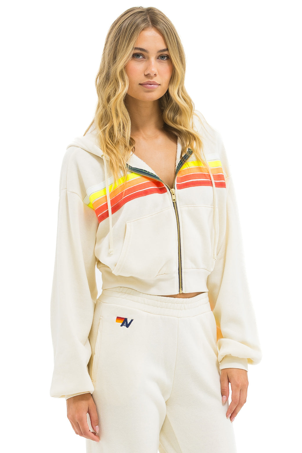 5 STRIPE CROPPED ZIP HOODIE RELAXED - VINTAGE WHITE // WHITE NEON