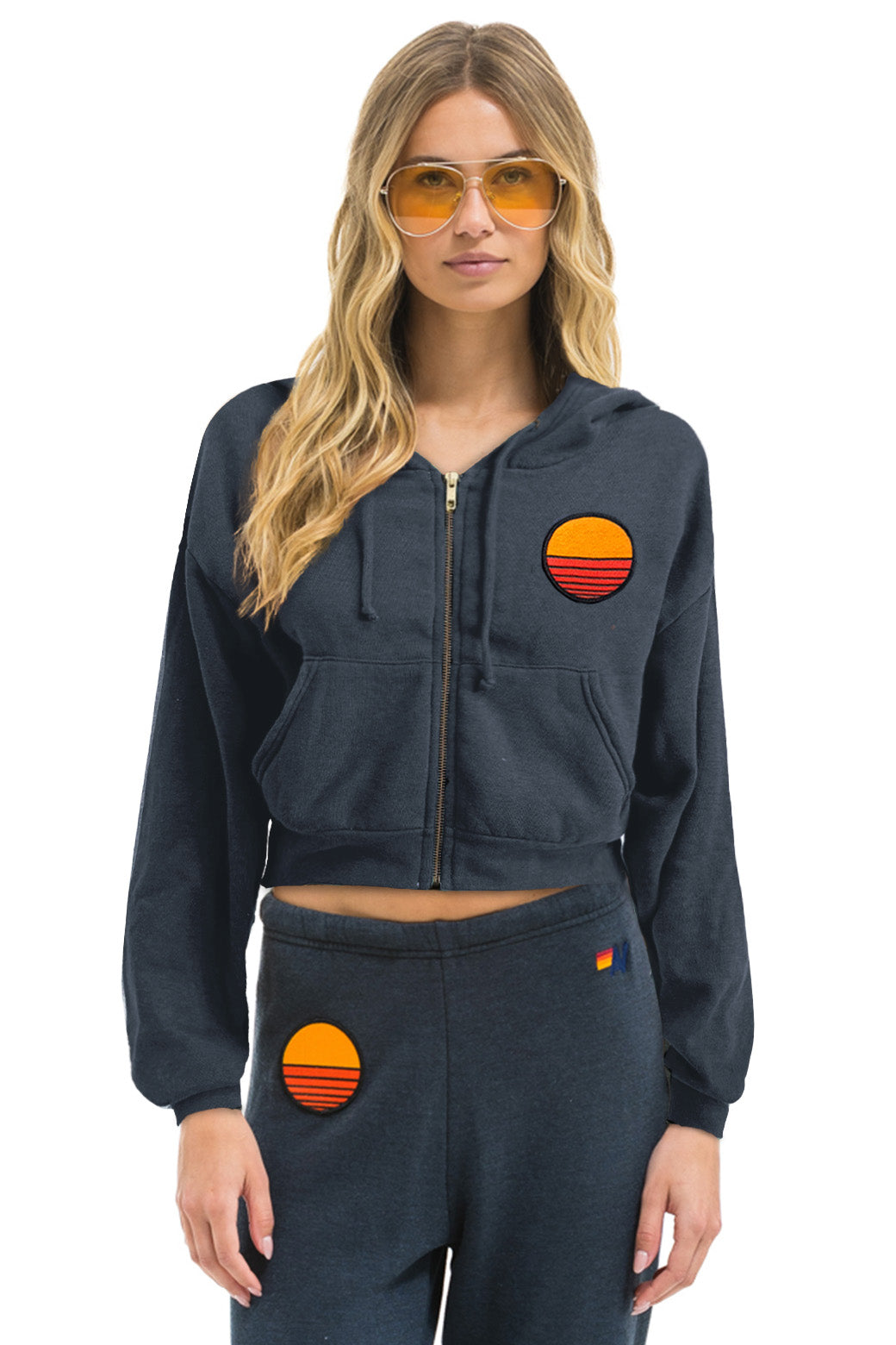 SUNSET PATCH RELAXED CROPPED ZIP HOODIE - CHARCOAL
