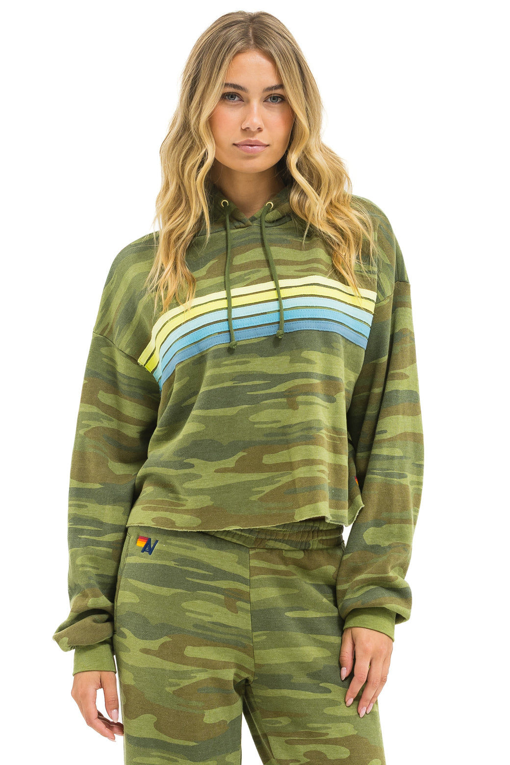 5 STRIPE RELAXED CROPPED PULLOVER HOODIE - CAMO // LIME // AQUA