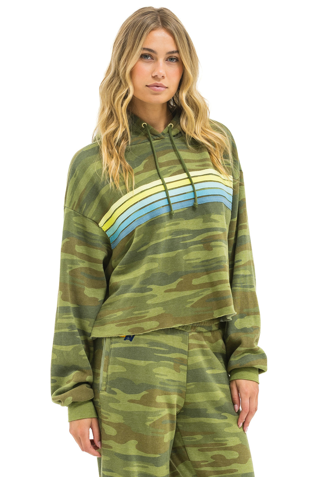 5 STRIPE RELAXED CROPPED PULLOVER HOODIE - CAMO // LIME // AQUA