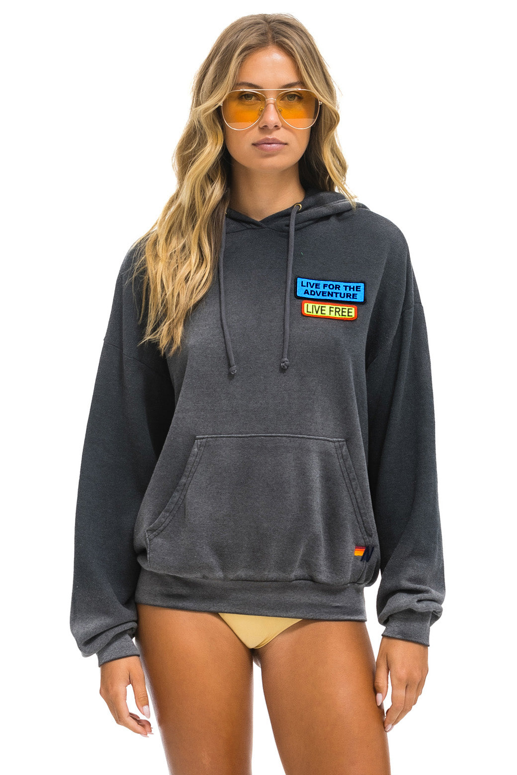 LIVE FREE + ADVENTURE PATCH PULLOVER RELAXED HOODIE - FADED SMOKE