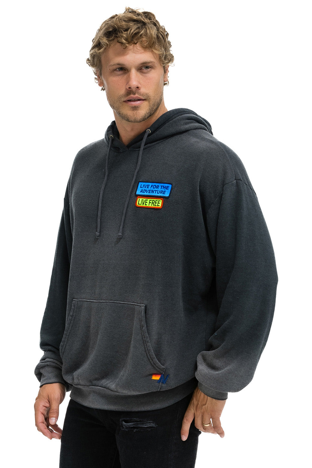 LIVE FREE + ADVENTURE PATCH PULLOVER RELAXED HOODIE - FADED SMOKE