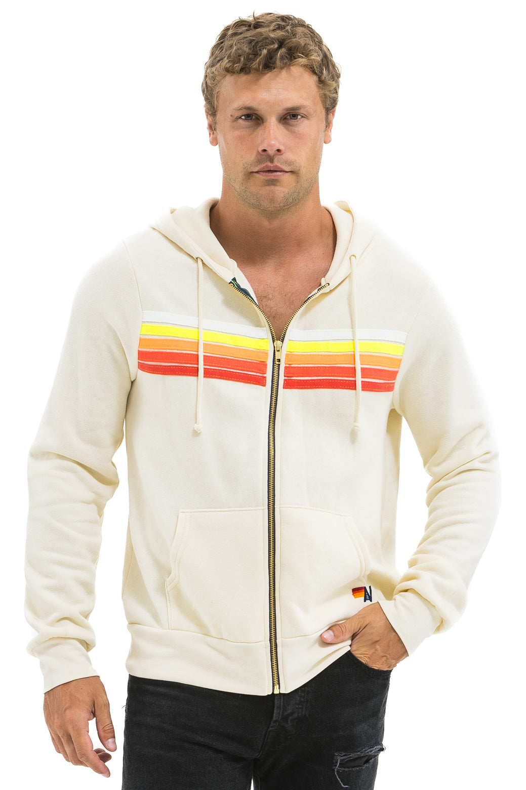 5 STRIPE HOODIE - VINTAGE WHITE // WHITE NEON