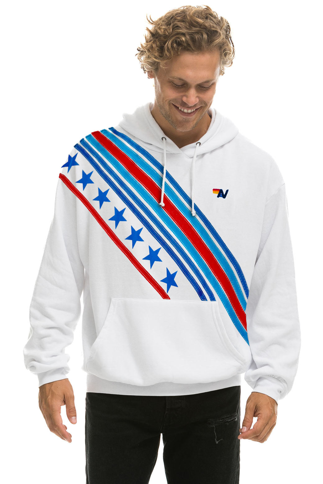 CROSS STRIPE STARS RELAXED PULLOVER HOODIE  - WHITE // USA