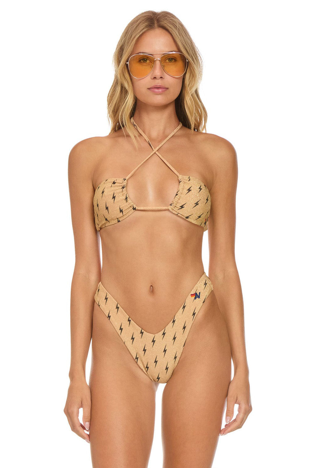 SPARKLE ST TROPEZ BANDEAU HALTER BIKINI TOP - BLACK BOLT REPEAT