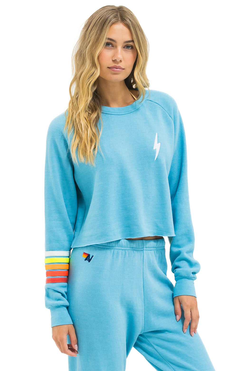 BOLT RUGBY STITCH CROPPED CREW SWEATSHIRT - AQUA // WHITE NEON