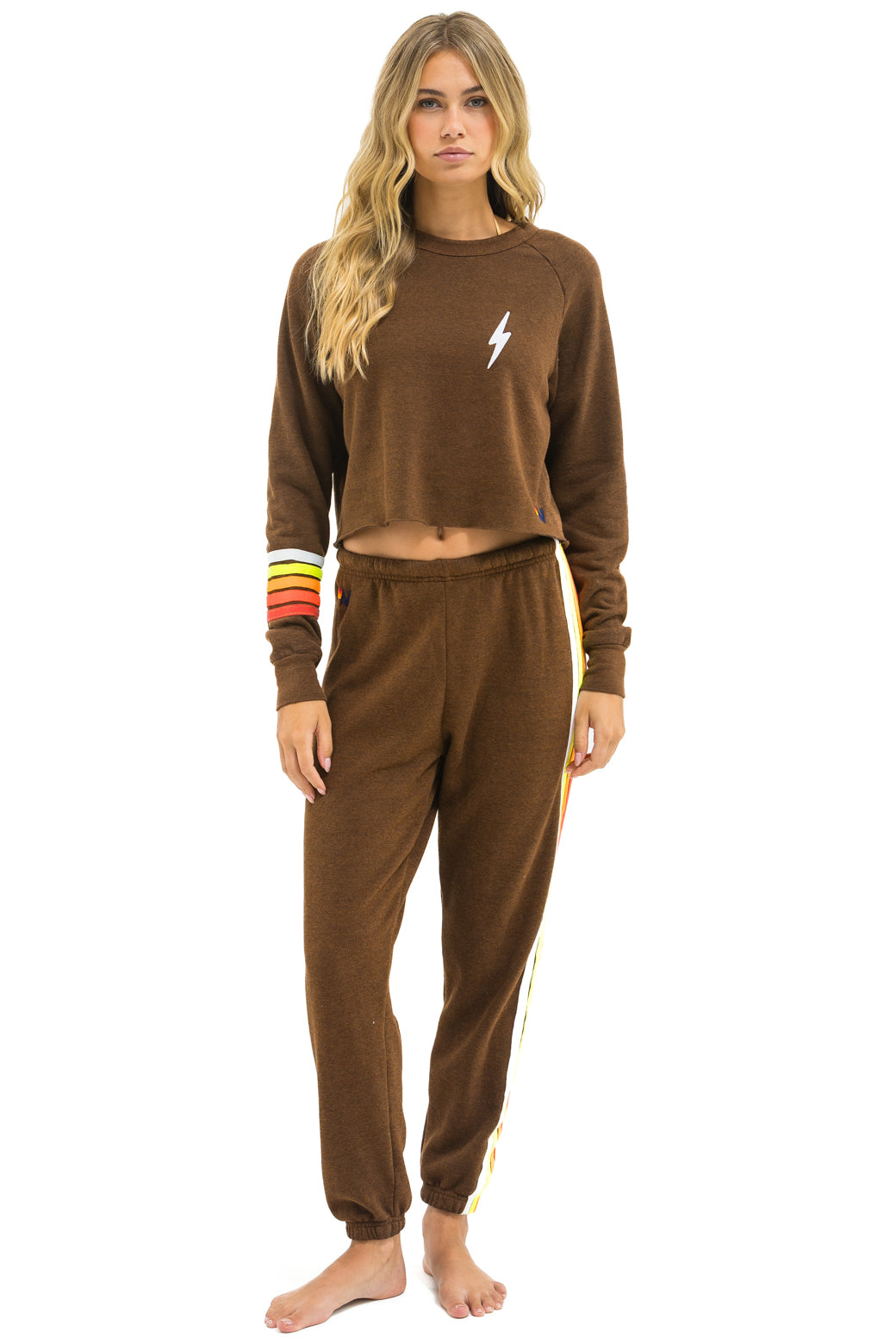 BOLT RUGBY STITCH CROPPED CREW SWEATSHIRT - CHOCOLATE // WHITE NEON