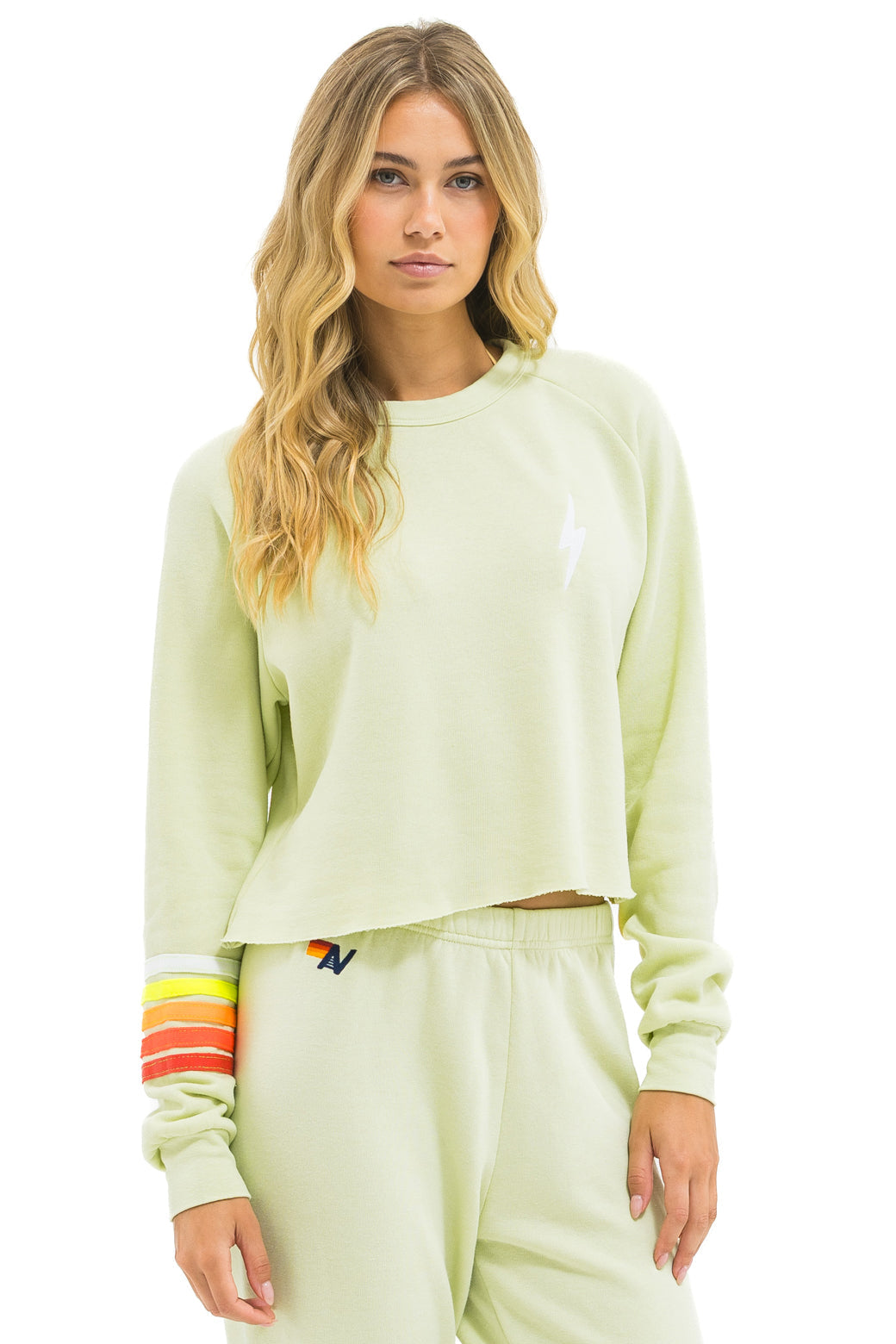 BOLT RUGBY STITCH CROPPED CREW SWEATSHIRT - LIME CREAM // WHITE NEON