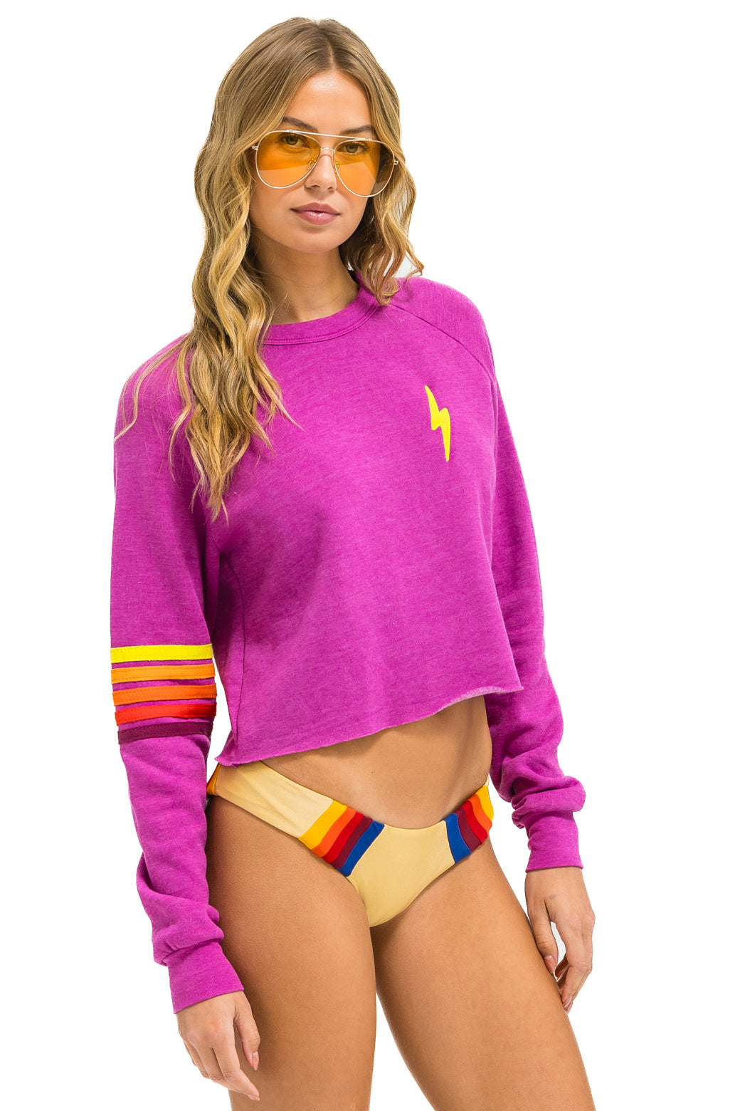 BOLT RUGBY STITCH CROPPED CREW SWEATSHIRT - MAGENTA // ORANGE // YELLOW