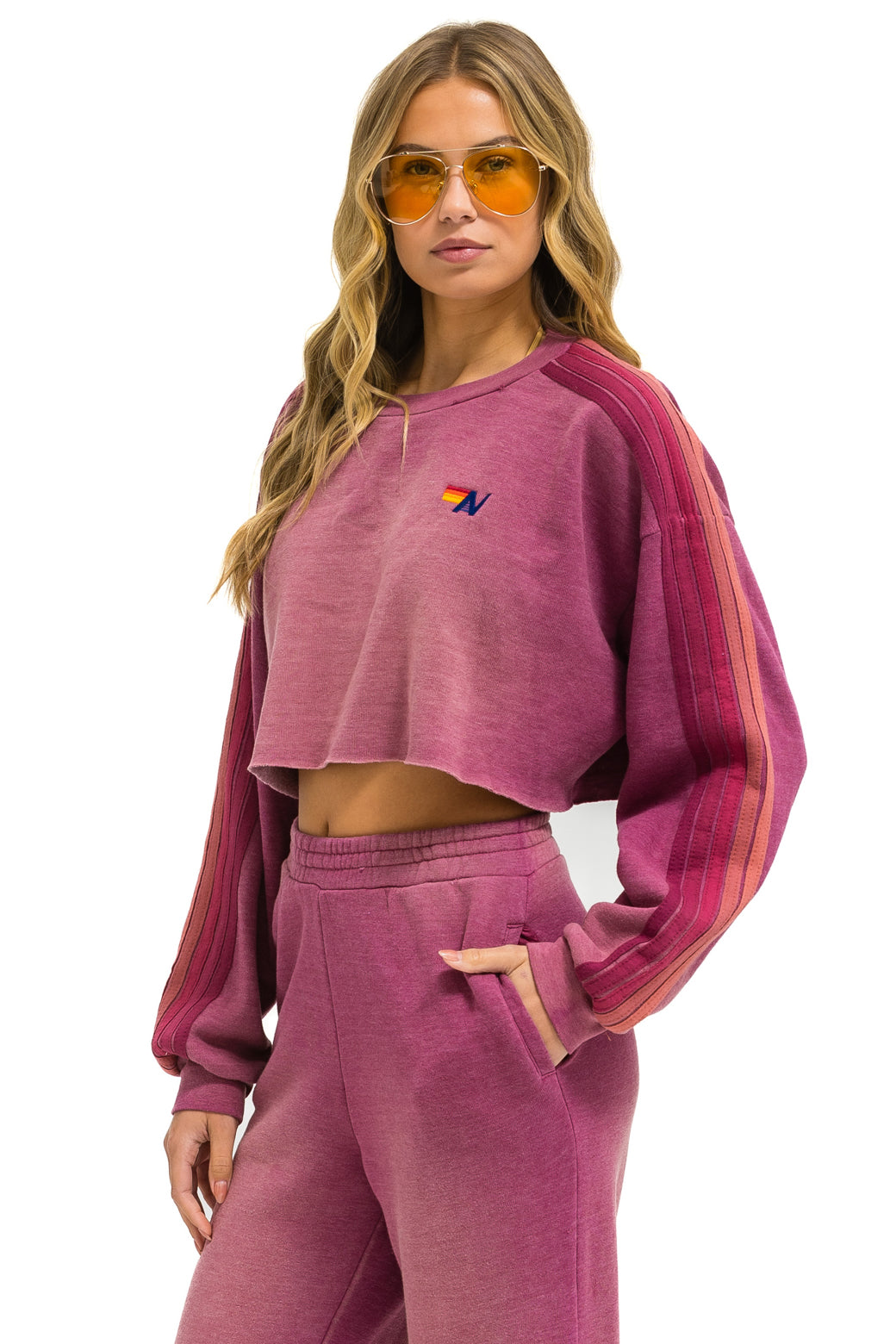 CLASSIC STRIPE CROPPED CREW SWEATSHIRT RELAXED - FADED BERRY