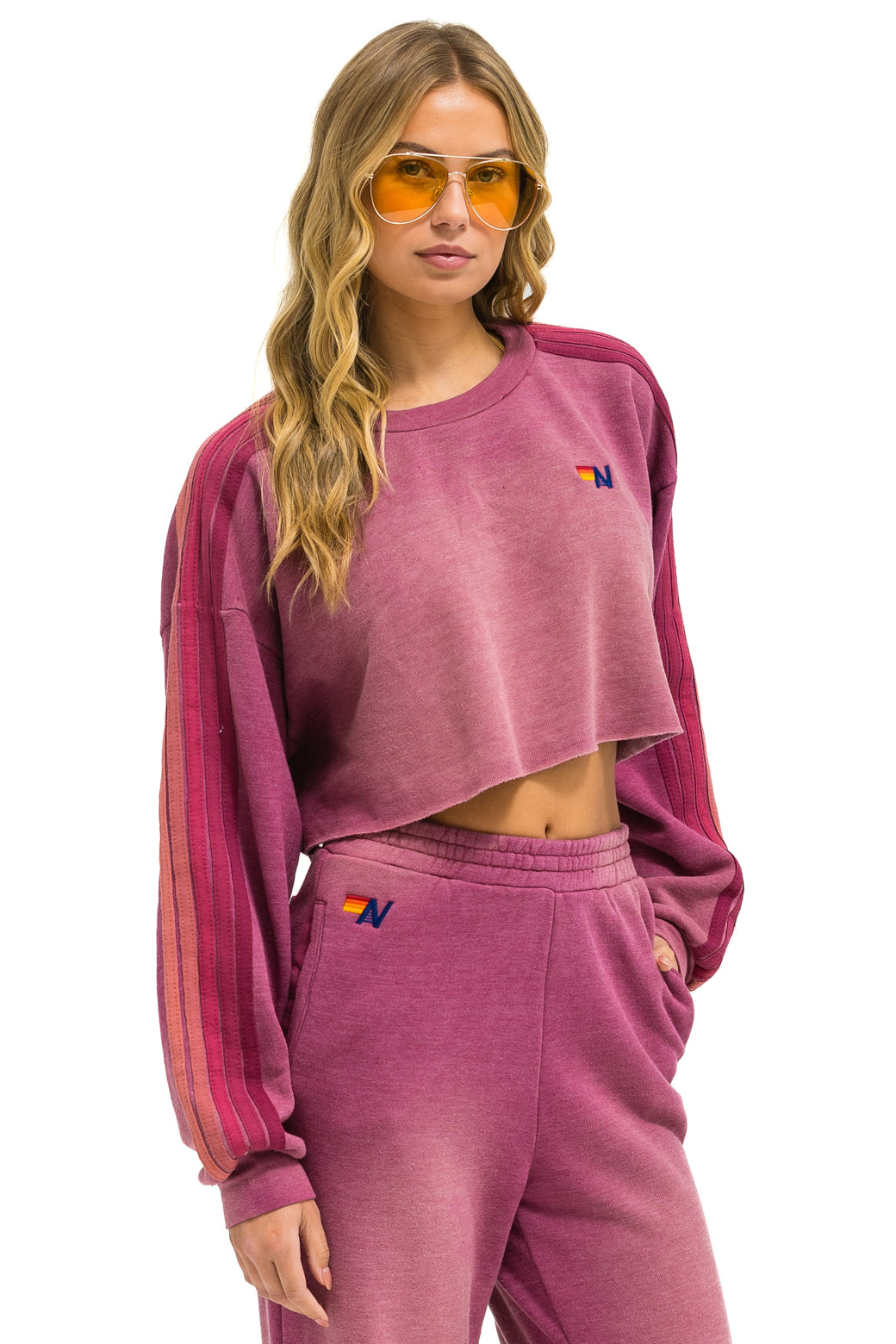 CLASSIC STRIPE CROPPED CREW SWEATSHIRT RELAXED - FADED BERRY