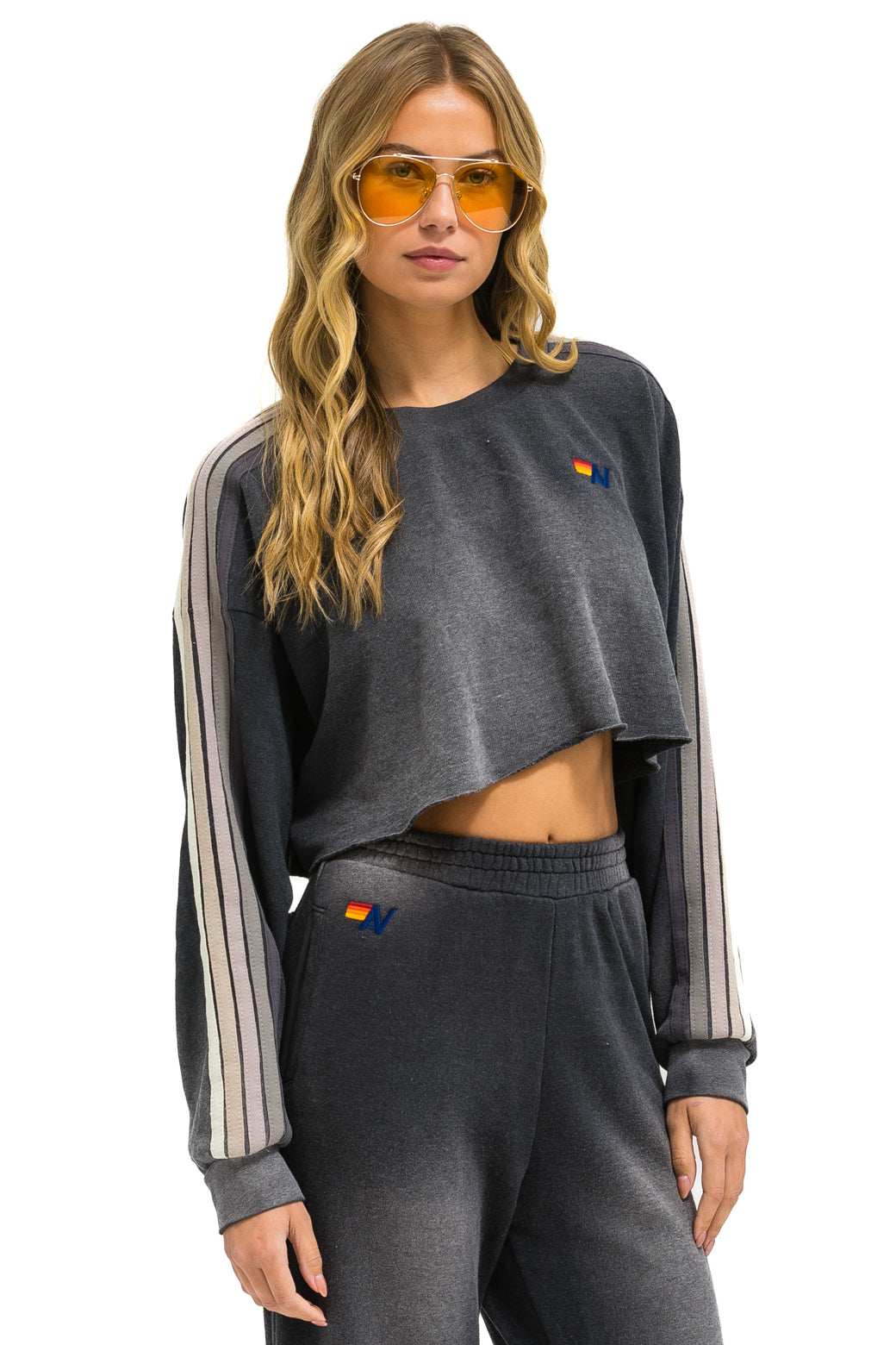 CLASSIC STRIPE CROPPED CREW SWEATSHIRT RELAXED - FADED SMOKE