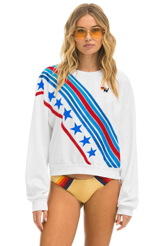 CROSS STRIPE STARS RELAXED CREW SWEATSHIRT - WHITE // USA