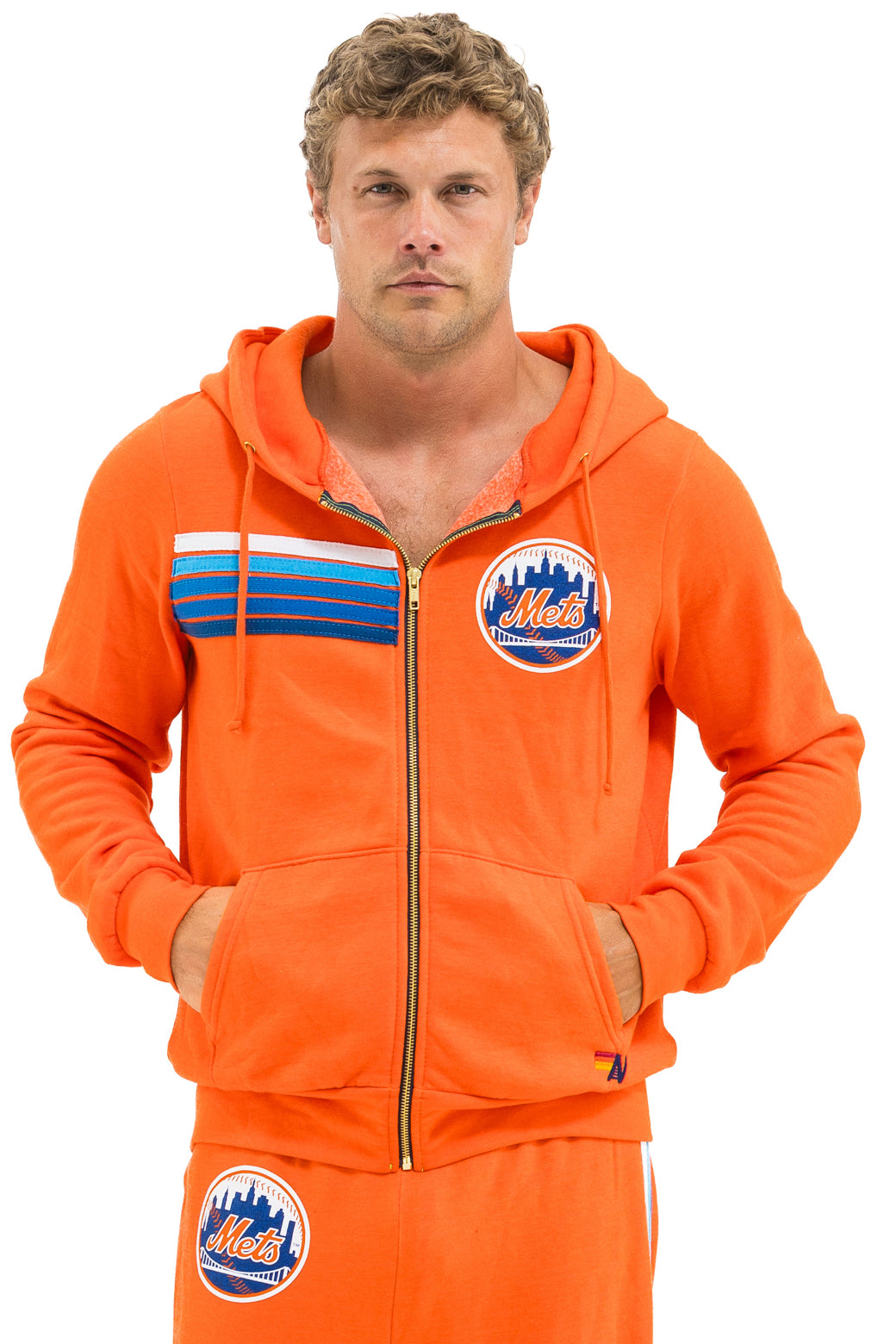 NY METS 5 STRIPE ZIP HOODIE - ORANGE // BLUE