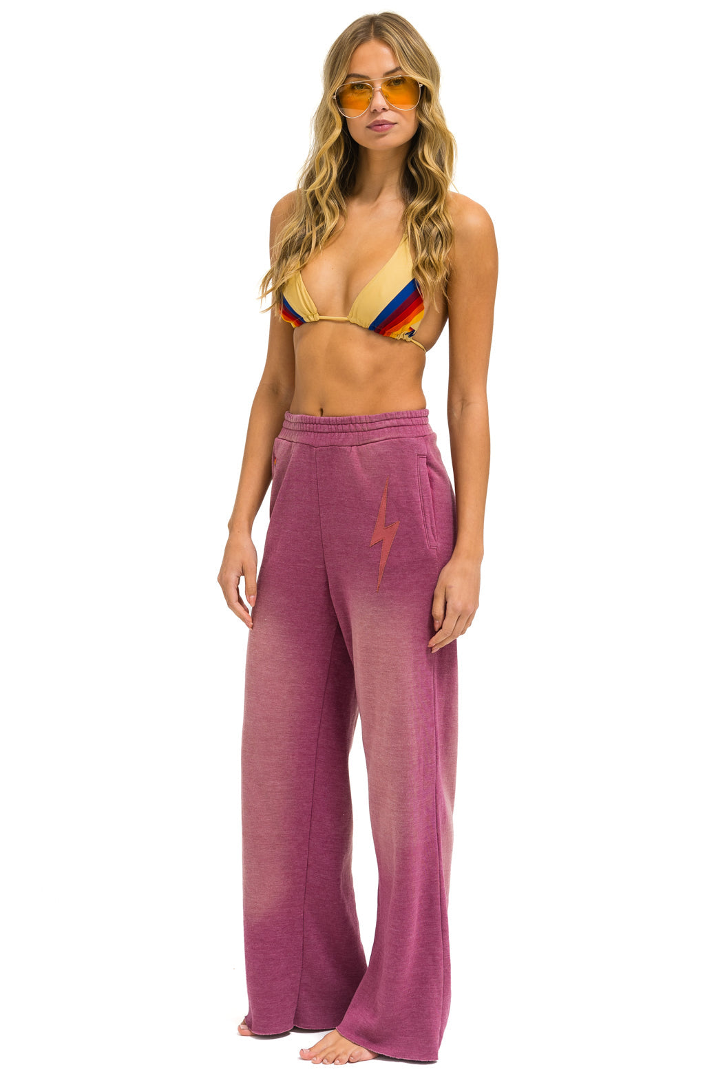 BOLT STITCH WIDE LEG POCKET SWEATPANTS - FADED BERRY