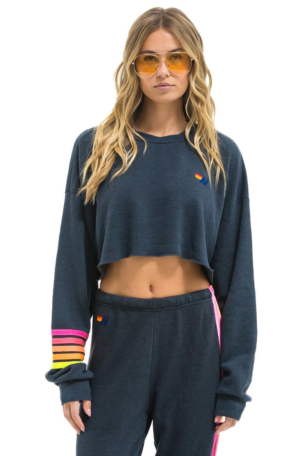 RUGBY STITCH CROPPED CREW SWEATSHIRT RELAXED - CHARCOAL // NEON