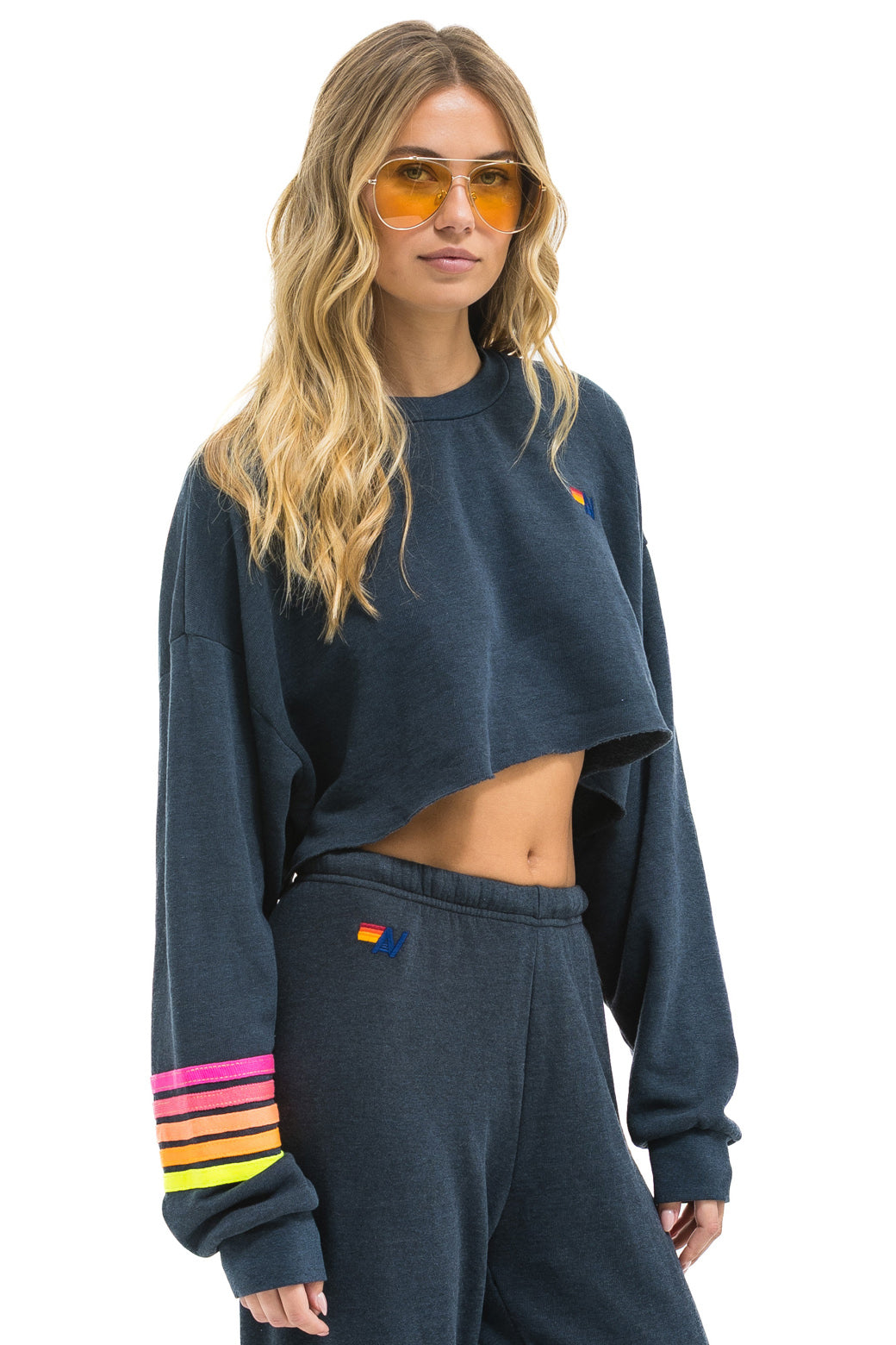 RUGBY STITCH CROPPED CREW SWEATSHIRT RELAXED - CHARCOAL // NEON
