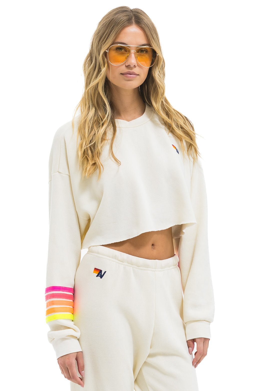 RUGBY STITCH CROPPED CREW SWEATSHIRT RELAXED - VINTAGE WHITE // NEON