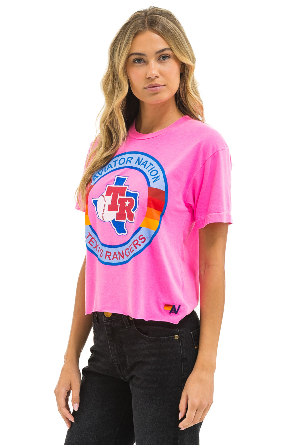 TEXAS RANGERS AVIATOR NATION WOMEN'S BOYFRIEND TEE - NEON PINK
