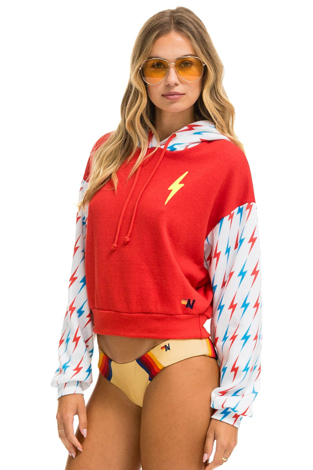 AVIATOR BOLT COLOR BLOCK W/ BOLT EMBROIDERY RELAXED CROPPED PULLOVER HOODIE - RED // USA