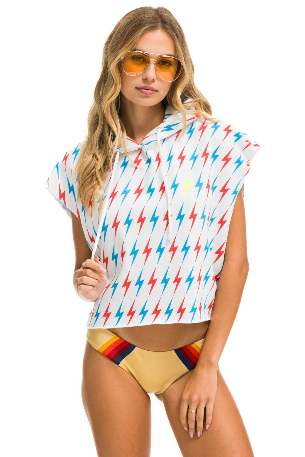 AVIATOR BOLT SLEEVELESS RELAXED CROPPED PULLOVER HOODIE - WHITE // USA