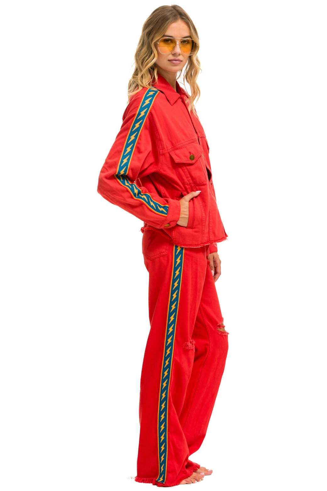 BOLT STRIPE HI RISE WIDE-LEG GYPSY JEAN - RED