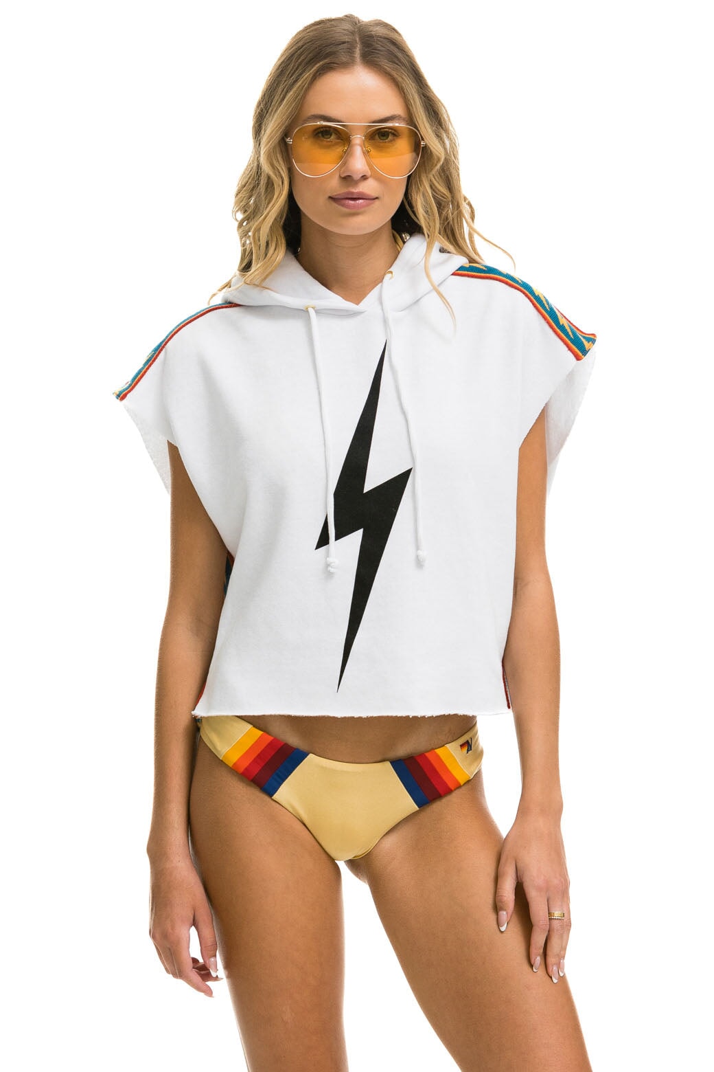 BOLT STRIPE SLEEVELESS RELAXED CROPPED PULLOVER HOODIE - WHITE