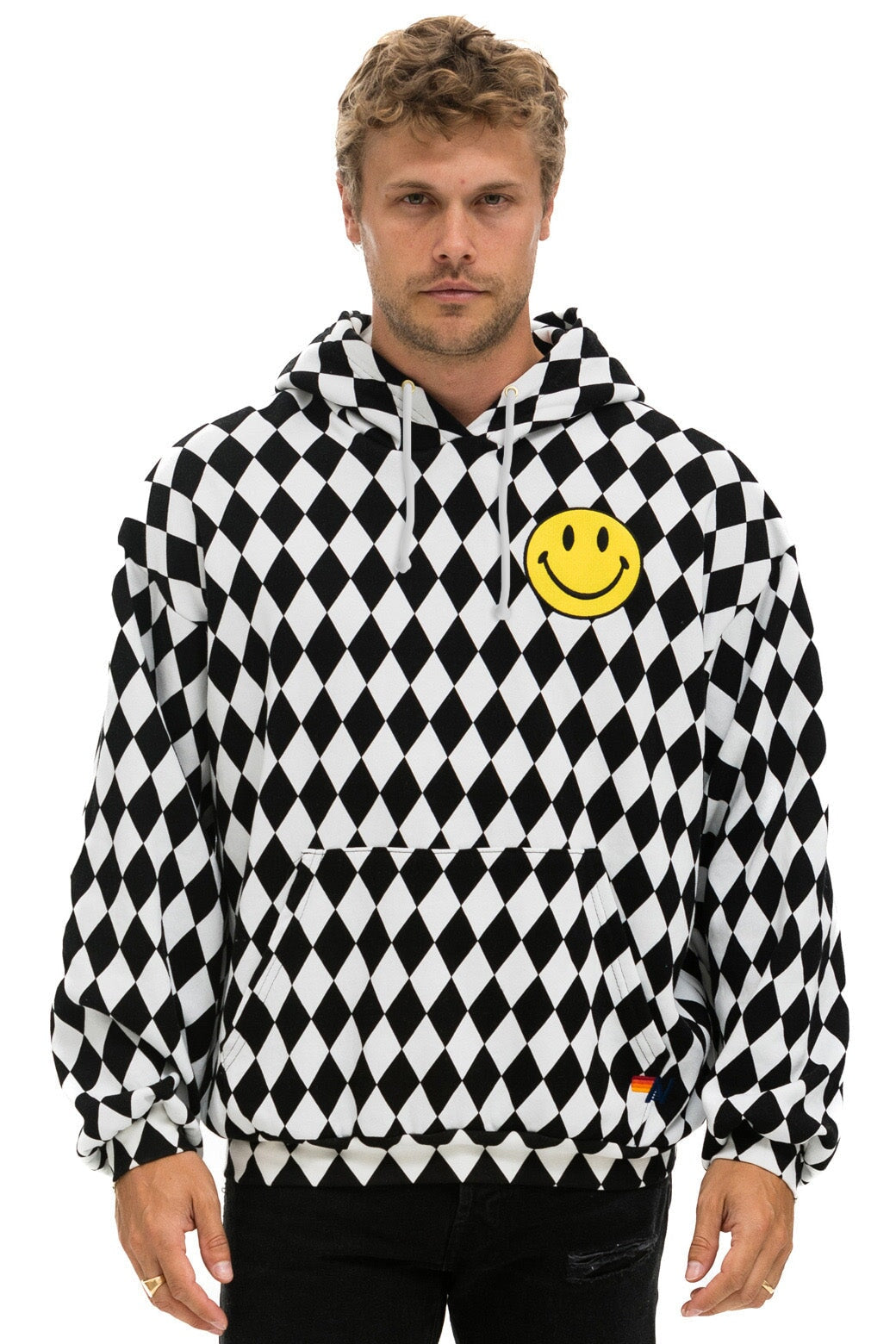 DIAMOND SMILEY 2 EMBRIODERY RELAXED PULLOVER HOODIE - WHITE // BLACK