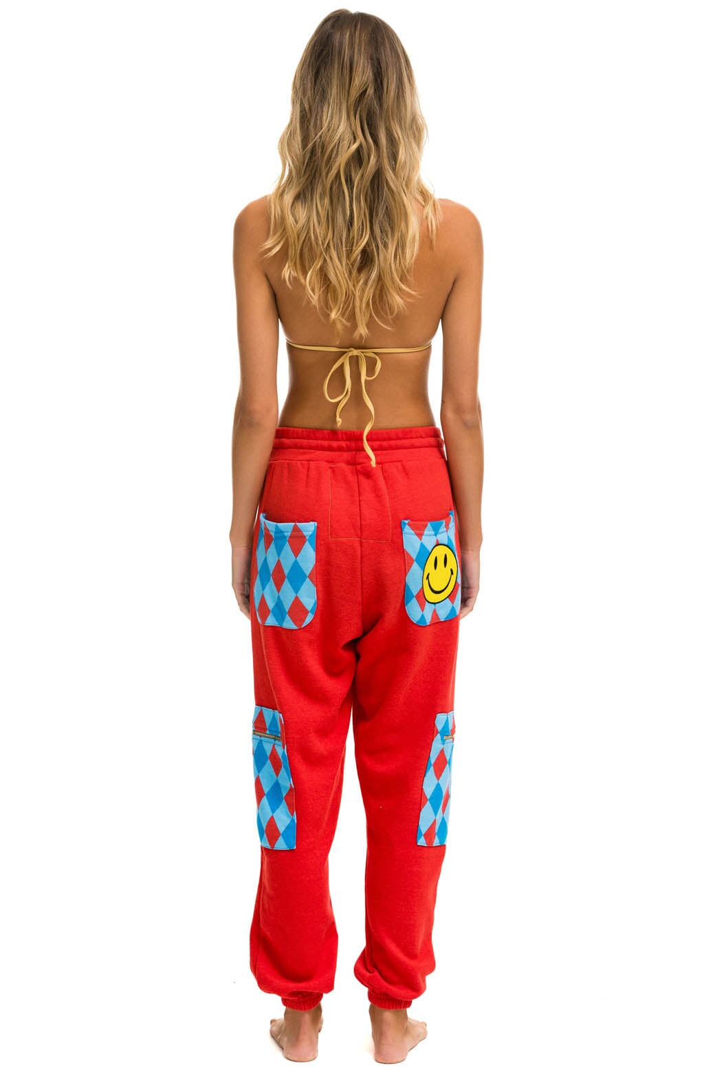 DIAMOND SMILEY 2 EMBROIDERY CARGO COLOR BLOCK SWEATPANTS - RED //SKY