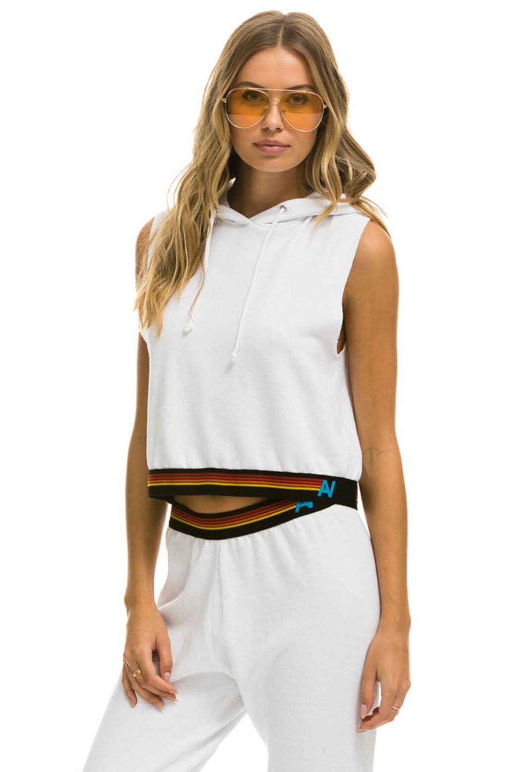 LOGO STRIPE SLEEVELESS CROP PULLOVER HOODIE - WHITE