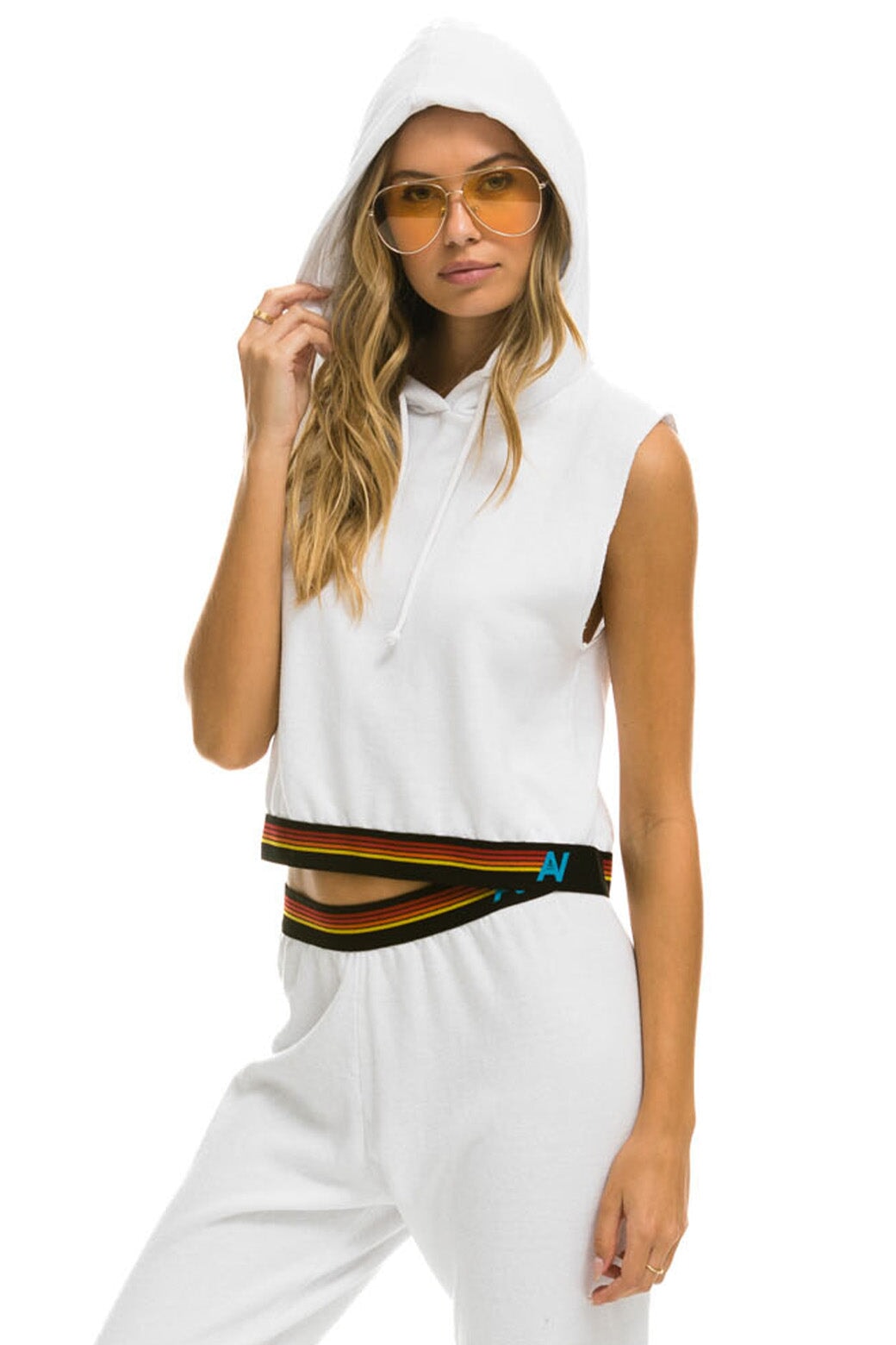 LOGO STRIPE SLEEVELESS CROP PULLOVER HOODIE - WHITE