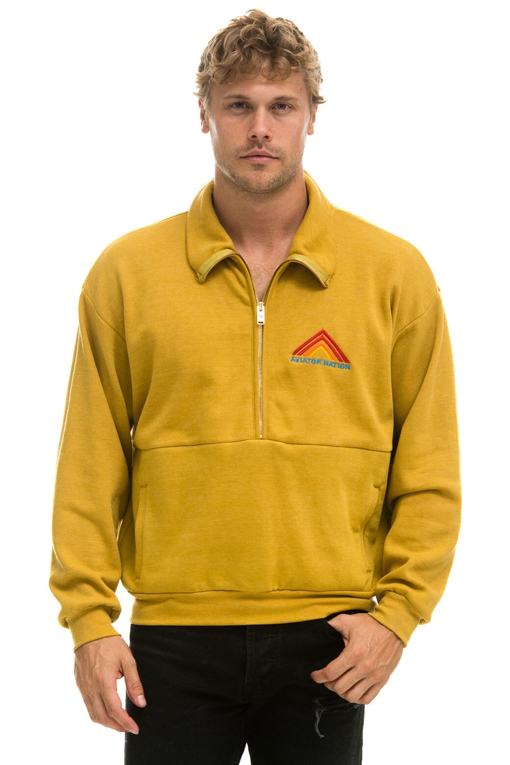MOUNTAIN EMBROIDERY HALF ZIP SWEATSHIRT - KHAKI