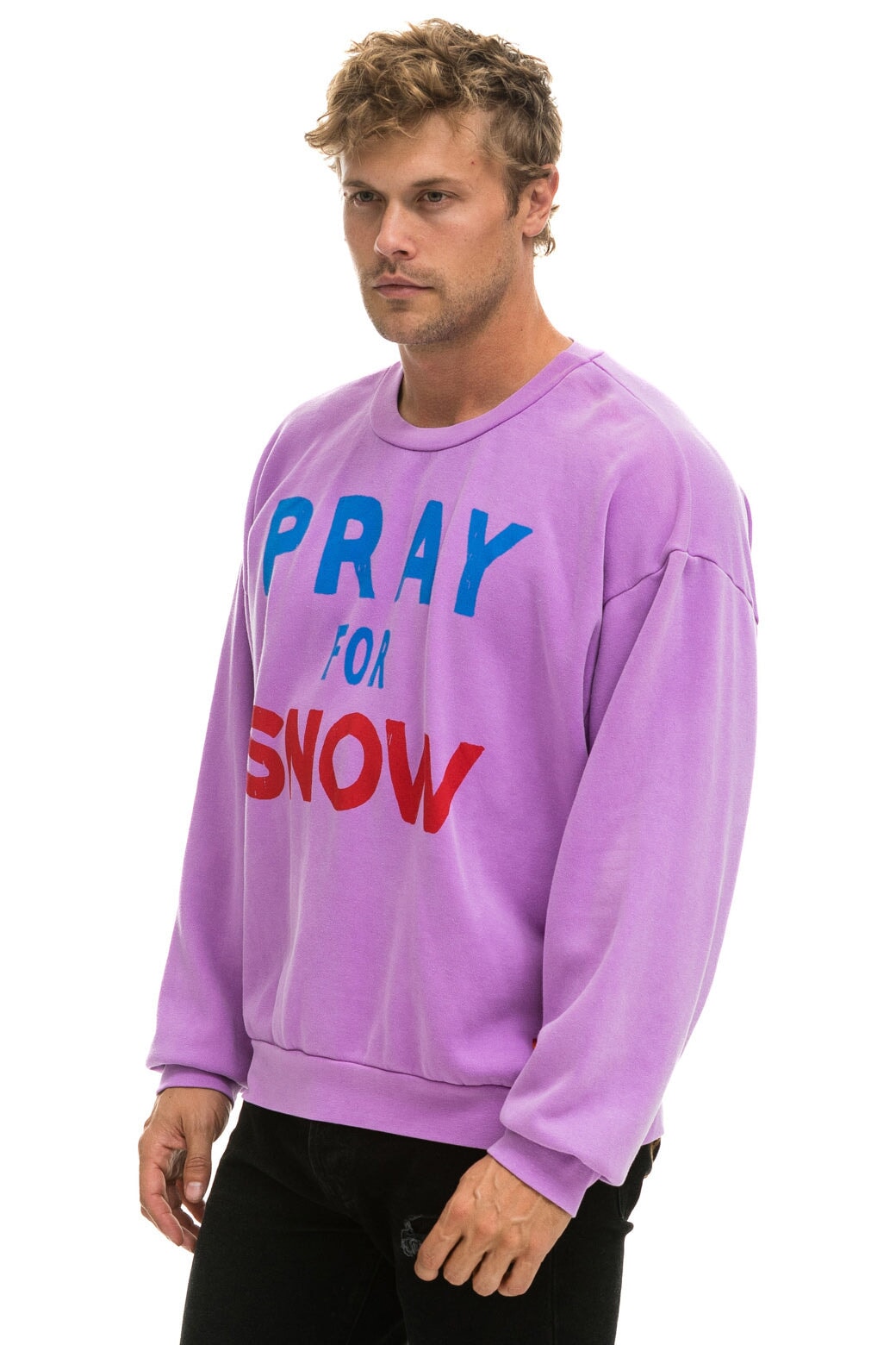 PRAY FOR SNOW RELAXED CREW SWEATSHIRT - NEON PURPLE