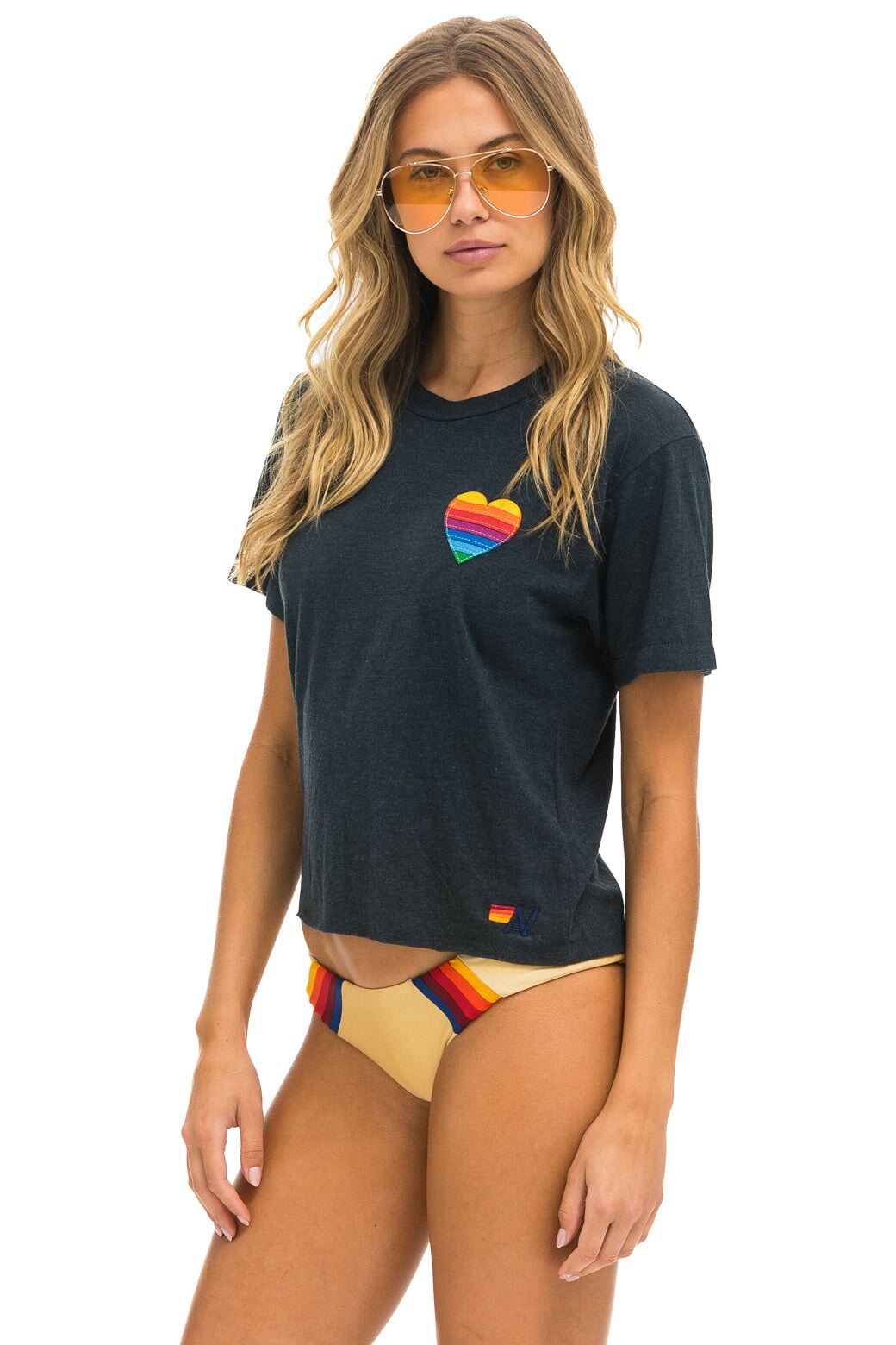 RAINBOW HEART STITCH BOYFRIEND TEE - CHARCOAL
