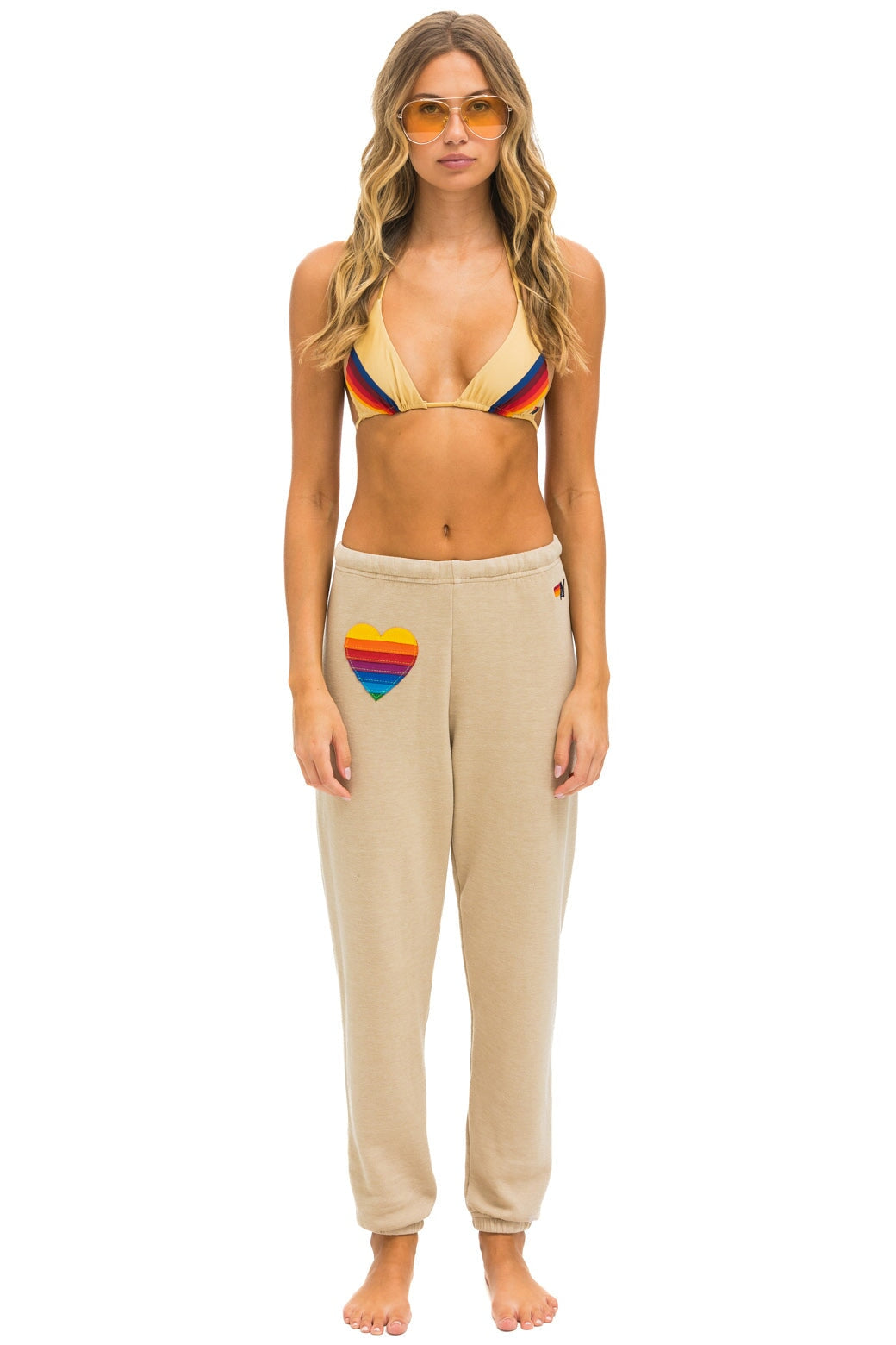 RAINBOW HEART STITCH SWEATPANTS - SAND
